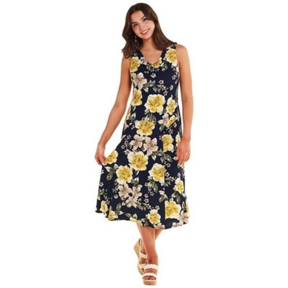 Signature by Robbie Bee Floral Drape Neck A-Line Dress Women's M Navy Multi